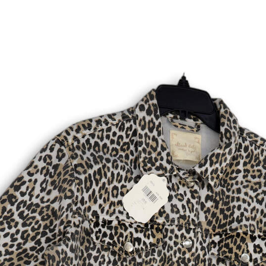 NWT Womens Beige Black Denim Animal Print Long Sleeve Cropped Jacket Size L image number 3