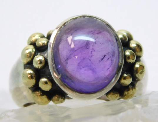 Artisan Two Tone Sterling Silver Amethyst Cabochon Dotted Ring 9.5g image number 2