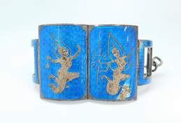 Vintage 925 Guilloche Blue Enamel Etched Dancers Wide Linked Panels Bracelet 53.7g