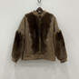 Womens Brown Faux Fur Long Sleeve Band Collar Full-Zip Jacket Size 42 image number 1