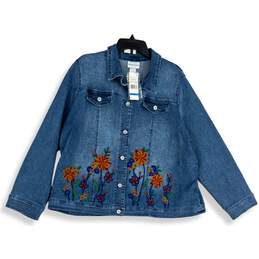NWT Alfred Dunner Womens Blue Denim Floral Embroidered Button Jacket Size XL