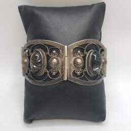TNC-Mexico 925 Silver Cats Eye Carved Face Panel Link 7.5" Bracelet 45.8g
