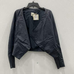 NWT Womens Navy Blue Leather Long Sleeve Open Front Jacket Size Medium