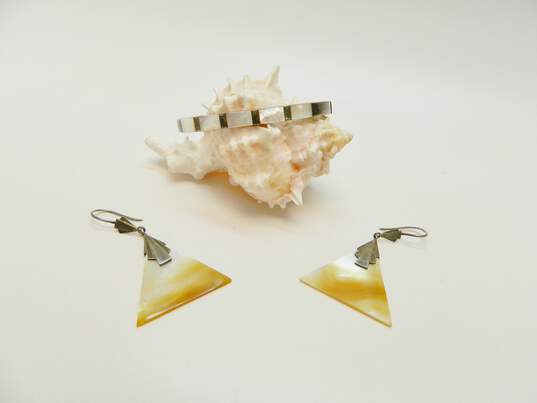 Artisan 925 White & Yellow Mother of Pearl Shell Triangle Drop Earrings & Inlay Hinged Bangle Bracelet 19.7g image number 1