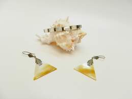 Artisan 925 White & Yellow Mother of Pearl Shell Triangle Drop Earrings & Inlay Hinged Bangle Bracelet 19.7g
