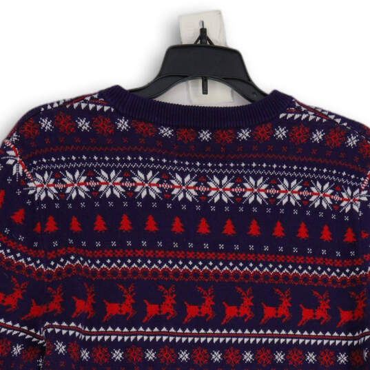 Mens Blue Red Printed Knitted Crew Neck Long Sleeve Pullover Sweater Size M image number 4