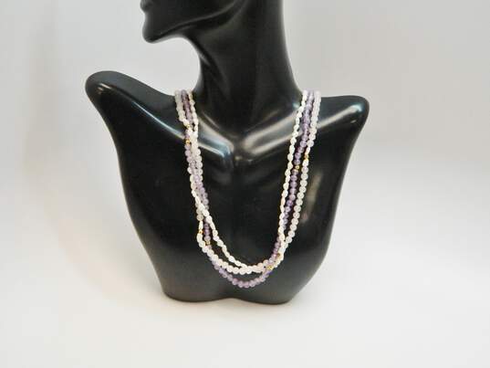 Romantic 14k Yellow Gold Clasp Pearl Amethyst & Rose Quartz Three Strand Beaded Necklace 27.9g image number 1