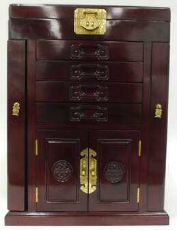 Asian Inspired Wood Jewelry Box Chest Wood Finish w/ Cabinet Doors + Drawers