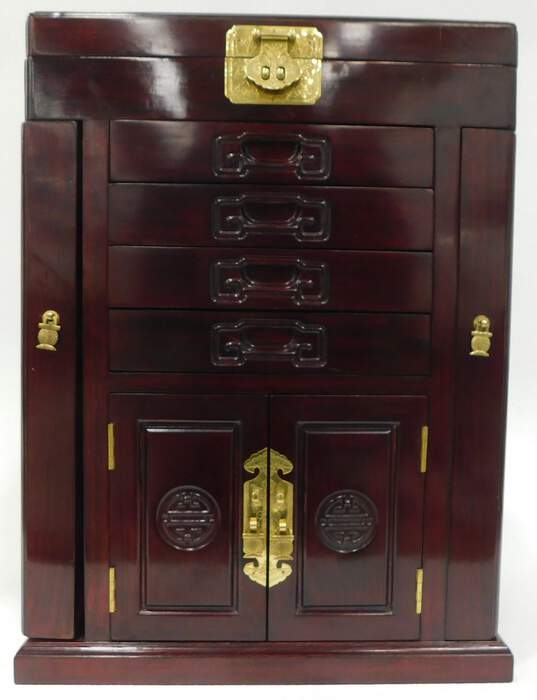 Asian Inspired Wood Jewelry Box Chest Wood Finish w/ Cabinet Doors + Drawers image number 1