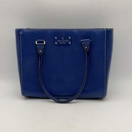 Womens Blue Leather Double Handle Inner Pockets Bottom Studs Shoulder Bag