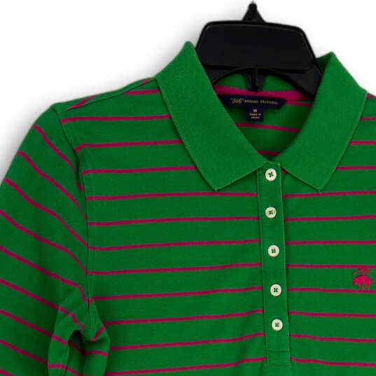 Womens Green Pink Striped Spread Collar Long Sleeve Polo Shirt Size M image number 3