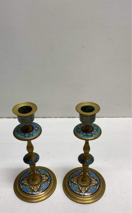 Brass and Bronze Set of 4 Candlesticks Metal Enamel Candle Holders image number 4