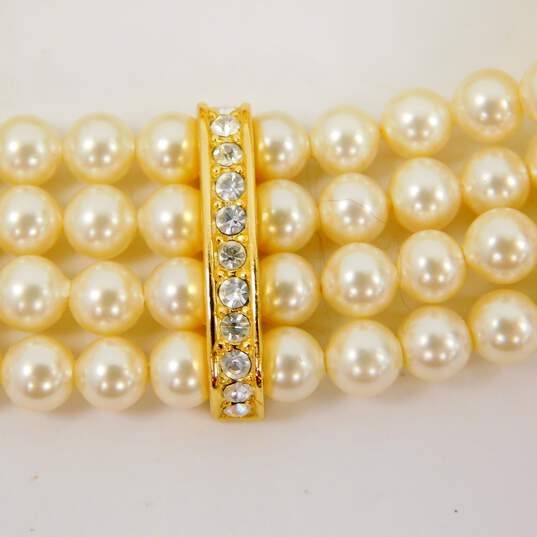 Vintage Christian Dior Icy Rhinestone Gold Tone & Faux Pearl Multi Strand Bracelet 44.9g image number 6