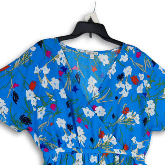 Womens Blue Floral Surplice Neck Short Sleeve A-Line Dress Size Large image number 3