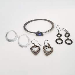 Sterling Silver Multi Gemstone 7in Hinge Bracelet Earring Bundle 4pcs 23.9g