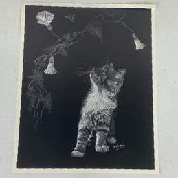 Etching in Negative Drawing of Kitten and Flowers by H. W. Hoag Signed. Vintage