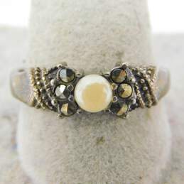 Artisan 925 Marcasite Bangle Bracelet & Faux Pearl Ring w/ Earrings 27.7g alternative image