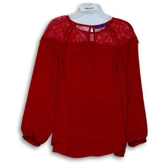 Womens Red Long Balloon Sleeve Lace Round Neck Blouse Top Size Large image number 2