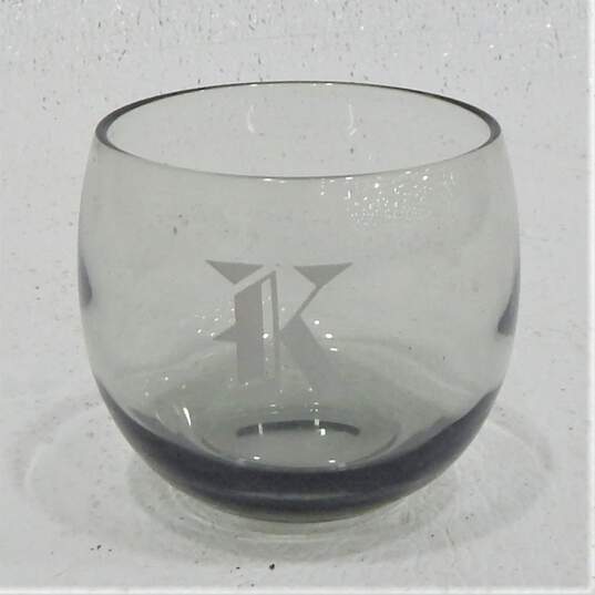 Vintage MCM Smoky Gray Glass Etched K Monogram Roly Poly Bar Glasses Set of 5 image number 4