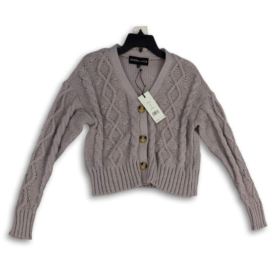 NWT Womens Gray Knitted V-Neck Long Sleeve Crop Cardigan Sweater Size L image number 1