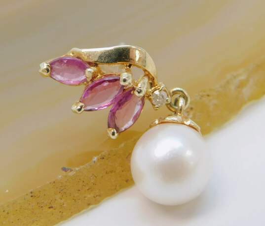 Romantic 14k Yellow Gold Pink Spinel & Pearl Drop Earrings 2.2g image number 2