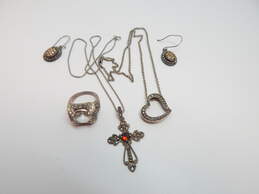 Judith Jack & Romantic 925 Marcasite Heart & Red Glass Cross Pendant Necklaces Rhinestones Earrings & Sapphire & CZ Ring 25.4g