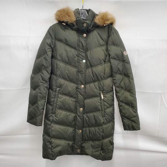 Michael Kors WM's Green Button & Zipper Faux Fur Hood Parka Size XS image number 1