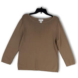 Womens Brown Round Neck Long Sleeve Stretch Pullover T-Shirt Size Large