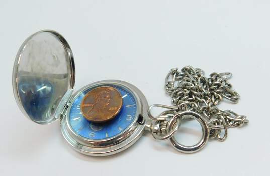 Fossil Blue Dial Silver Tone Pocket Watch 59.6g image number 4