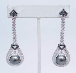 18K White Gold 3.73CTTW Black & White Diamond Tahitian Pearl Drop Statement Earrings 22.7g alternative image