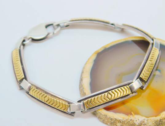 Artisan MM Rogers TS Stamped 925 Sterling Silver & 14K Yellow Gold Etched Panel Bracelet 20.2g image number 1