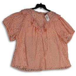 NWT Womens Pink Lace Ruffle Short Sleeve Pullover Blouse Top Size 5