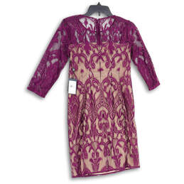 NWT Womens Purple Ikat Lace Round Neck Back Zip Sheath Dress Size 6 alternative image