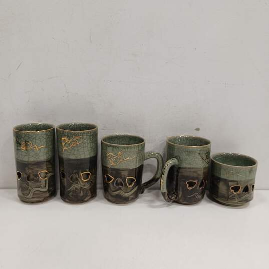 Bundle of 12 Somayaki Double Wall Crackle Green and Brown Ceramic Cups image number 5