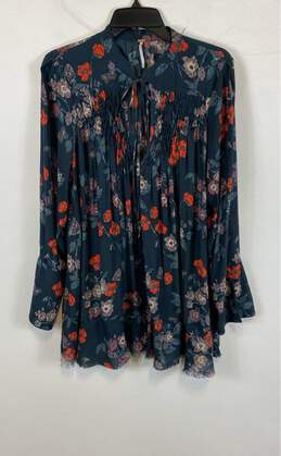 Free People Womens Blue Floral Long Sleeve Tie Neck Tunic Top Size Medium