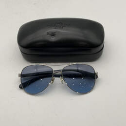 Mens Blue Silver Metal Full Rim Blue Lens Aviator Sunglasses With Case