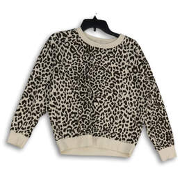 Womens Black Beige Cheetah Print Long Sleeve V-Neck Pullover Sweatshirt Size M