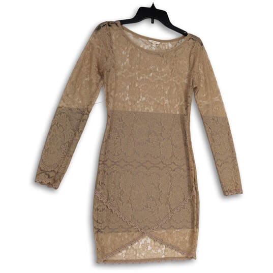 Womens Beige Floral Lace Long Sleeve Round Neck Pullover Bodycon Dress Sz S image number 1