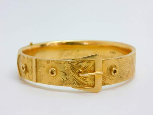 Antique Victorian 14K Yellow Gold Etched Belt Buckle Hinged Bangle Bracelet 24.5g image number 1