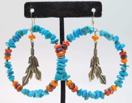 925 Signed Running Bear Navajo Turquoise & Spiny Oyster Drop Earrings alternative image