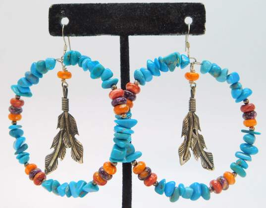 925 Signed Running Bear Navajo Turquoise & Spiny Oyster Drop Earrings image number 2