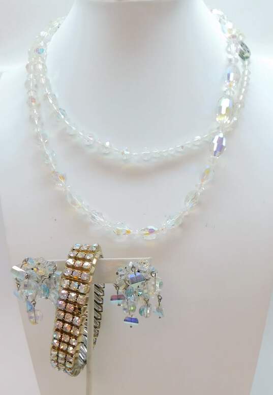 Vintage Icy Aurora Borealis Clip-On Earrings Necklace & Stretch Bracelet 120.6g image number 1