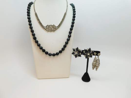 Vintage Icy Rhinestone & Black Glass Beaded Necklaces Weiss & Fashion Rhinestone Clip On Earrings 128.2g image number 1