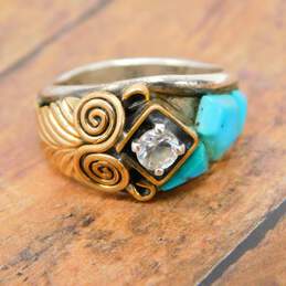 Silver Ray Navajo 925 & Vermeil Cubic Zirconia & Turquoise Feather Spirals Ring