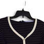 Womens Blue Gold Striped Tight-Knit Long Sleeve Henley Sweater Size M image number 3
