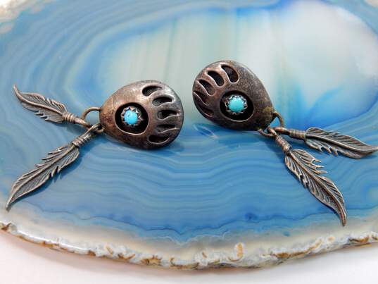 Southwestern Artisan 925 Silver Turquoise Bearpaw & Feather Earrings 4.4g image number 4
