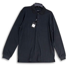 NWT Mens Black Striped Long Sleeve Button Collared Polo Shirt Size Medium