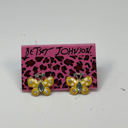 Designer Betsey Johnson Gold-Tone Rhinestone Yellow Butterfly Stud Earrings image number 3