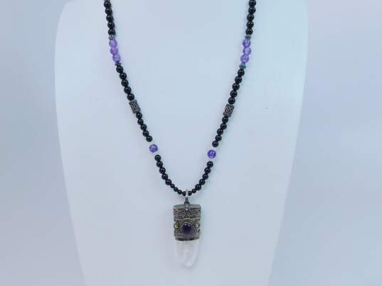 Artisan 925 Clear Quartz, Amethyst & Onyx Locket Pendant Necklace image number 2