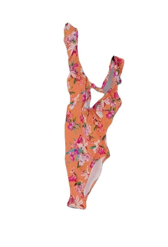 Womens Orange Floral Sleeveless Ruffle V Neck One Piece Swimsuit Size Small image number 3